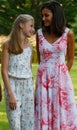 Spanish Queen Letizia and Princess Leonor pose in Marivent palace gardens vertical Royalty Free Stock Photo