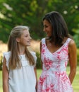 Spanish Queen Letizia and Princess Sofia pose in Marivent palace gardens Royalty Free Stock Photo