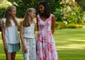 Spanish Queen Letizia and Princesses Leonor C and Sofia pose in Marivent palace gardens Royalty Free Stock Photo