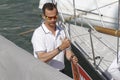 Spain Royal King Felipe arriving at the nautical club to sail sailboat during the king`s cup.