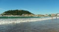 Spain, San Sebastian, Beach of La Concha, view of the Old Town and Mount Urgull