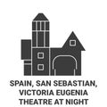 Spain, San Sebastian, Victoria Eugenia Theatre At Night travel landmark vector illustration