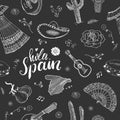 Spain seamless pattern doodle elements, Hand drawn sketch spanish traditional guitars, dress and music instruments, map of spain a