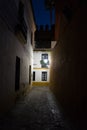 Spain, Seville, EMPTY ALLEY AMIDST BUILDINGS IN CITY AT NIGHT