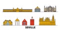 Spain, Seville flat landmarks vector illustration. Spain, Seville line city with famous travel sights, skyline, design.