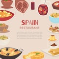 Spain and spanish restaurant cuisine traditional dishes poster vector illustration.