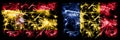 Spain, Spanish, Romania, Romanian sparkling fireworks concept and idea flags