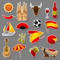 Spain sticker icons set. Spanish traditional symbols and objects
