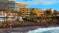 Spain, Tenerife, Puerto de Santiago - December 14, 2018: View on seaside resort at summer sunset. Tourism and travel. Vacation.