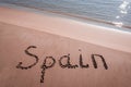 Spain title on the sand beach near the ocean