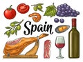 Spain traditional food set. Vector vintage color engraving Royalty Free Stock Photo