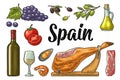 Spain traditional food set. Vector vintage color engraving Royalty Free Stock Photo