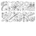 Spain travel. Coloring page. Pattern with spanish vector doodles elements. Eat spanish food. Play spanish guitar, dance