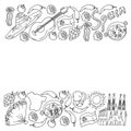 Spain travel. Coloring page. Pattern with spanish vector doodles elements. Eat spanish food. Play spanish guitar, dance