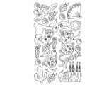 Spain travel. Coloring page. Pattern with spanish vector doodles elements. Eat spanish food. Play spanish guitar, dance