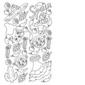 Spain travel. Coloring page. Pattern with spanish vector doodles elements. Eat spanish food. Play spanish guitar, dance