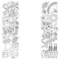 Spain travel. Coloring page. Pattern with spanish vector doodles elements. Eat spanish food. Play spanish guitar, dance