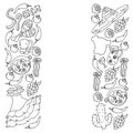Spain travel. Coloring page. Pattern with spanish vector doodles elements. Eat spanish food. Play spanish guitar, dance