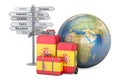 Spain travel concept. Suitcases with Spanish flag, signpost and