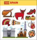 Spain travel famous landmark symbols and Spanish tourist culture attractions vector icons Royalty Free Stock Photo