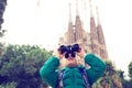 Spain travel - little boy in front of Sagrada Familia, Barcelona