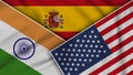 Spain United States of America India Flags Together Fabric Texture Illustration