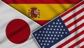Spain United States of America Japan Flags Together Fabric Texture Illustration
