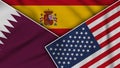 Spain United States of America Qatar Flags Together Fabric Texture Illustration