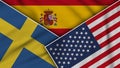 Spain United States of America Sweden Flags Together Fabric Texture Illustration