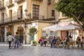 SPAIN, VALENCIA - OCT 16, 2018 : Cafe restaurant Cozy street old town People lifestyle sitting at Tapas Bar food and drink