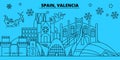 Spain, Valencia winter holidays skyline. Merry Christmas, Happy New Year decorated banner with Santa Claus.Spain