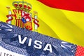 Spain Visa Document, with Spain flag in background. Spain flag with Close up text VISA on USA visa stamp in passport,3D rendering. Royalty Free Stock Photo
