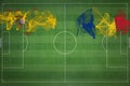 Spain vs Romania Soccer Match, national colors, national flags, soccer field, football game, Copy space