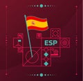 Spain world football tournament 2022 vector wavy flag pinned to a soccer field with design elements. World football 2022