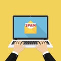 Spam email on laptop screen. Hands on the laptop. Vector Illustration