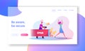 Spam and Info Garbage Landing Page Template. Tiny Male Character Shooting with Envelopes from Huge Pipe, Email Messages, Royalty Free Stock Photo