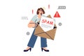 Spam letter in hands of woman who received email message containing virus and malware