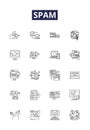 Spam line vector icons and signs. Junk, Unwanted, Filtered, Bot, Blacklist, Phishing, Malicious, Adverts outline vector