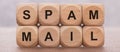 Spam mail printed on wooden cube Royalty Free Stock Photo