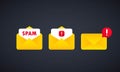 Spam message. Email warning concept. Envelope with spam. Alert message notification. Danger error alerts. Stop spam vector