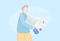 Spam messages concept illustration. Character shakes out spam irrelevant unsolicited malicious emails, notifications of