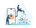 Spam notifications and messages overload in inbox mobile app. Tiny user drowning in pile of spam emails, SMS and
