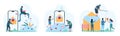 Spam notifications overload set, tiny people with magnifying glass study letters pile