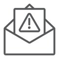 Spam warning line icon, letter and email, alert mail sign, vector graphics, a linear pattern on a white background.