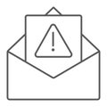 Spam warning thin line icon, letter and email, alert mail sign, vector graphics, a linear pattern on a white background.