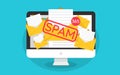 Spamming concept, a lot of emails on the screen of a monitor. Email box hacking, spam warning. Illustration