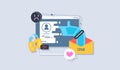 Spamming mailbox concept, user data on the screen of a monitor. Email box hacking, spam warning. Vector Illustration