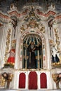 Religious statues above an altar inside the San Salvador Cathedral, Jerez de la Frontera, Spain. Royalty Free Stock Photo