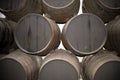 Traditional Spanish wooden sherry barrels in a warehouse, Jerez de la Frontera, Spain. Royalty Free Stock Photo