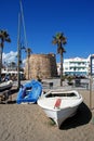 Boats on the beach, La Cala de Mijas, Spain. Royalty Free Stock Photo
